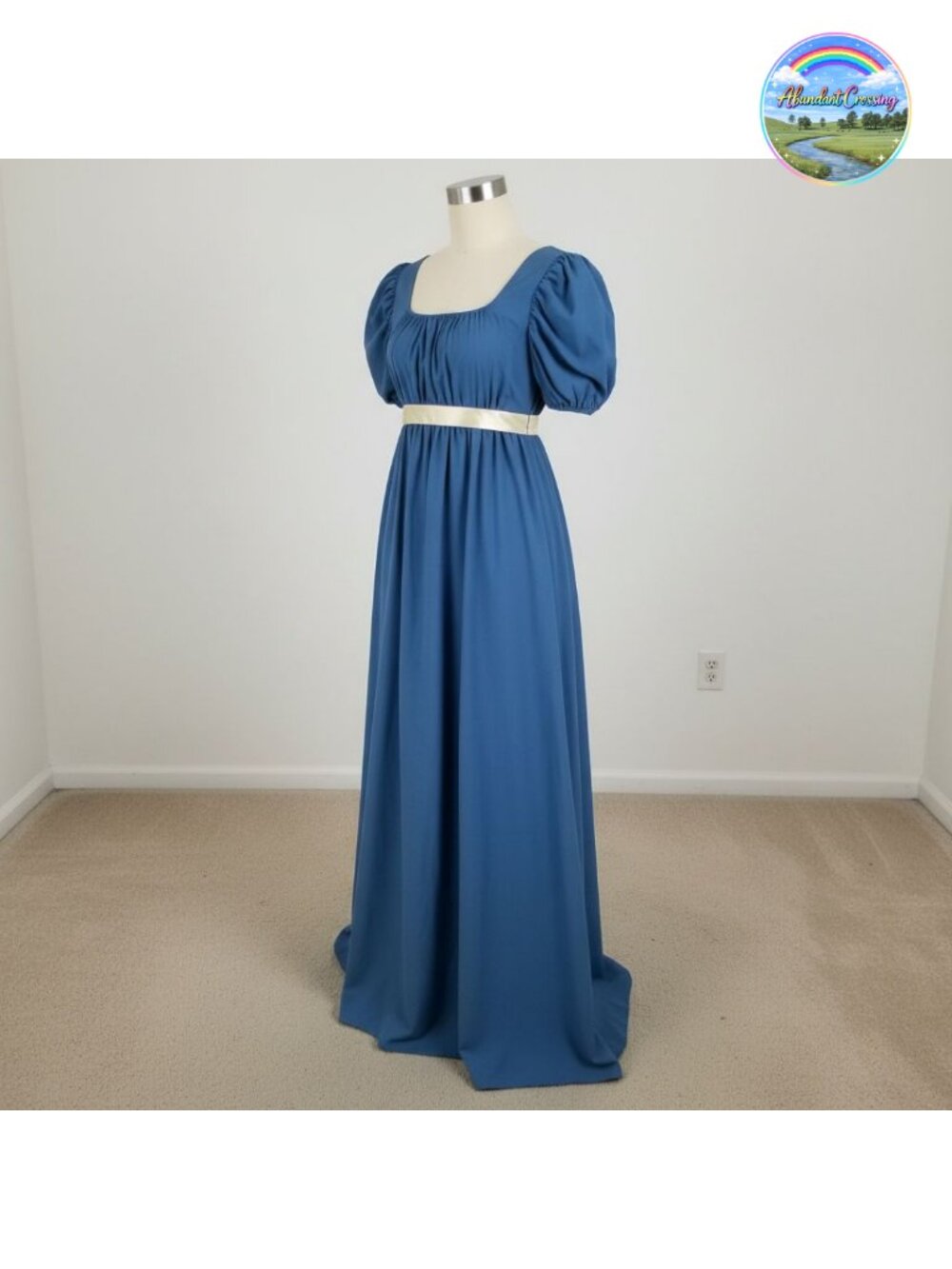 Regency Dress Square Neck Puff Sleeve Empire Waist Sash Costume